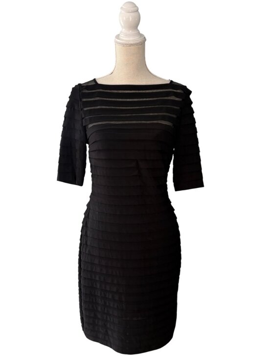 NWT Adrianna Papell Partial Tuck Elbow Sleeve Dress black 10 M L mesh pleated - Picture 4 of 14